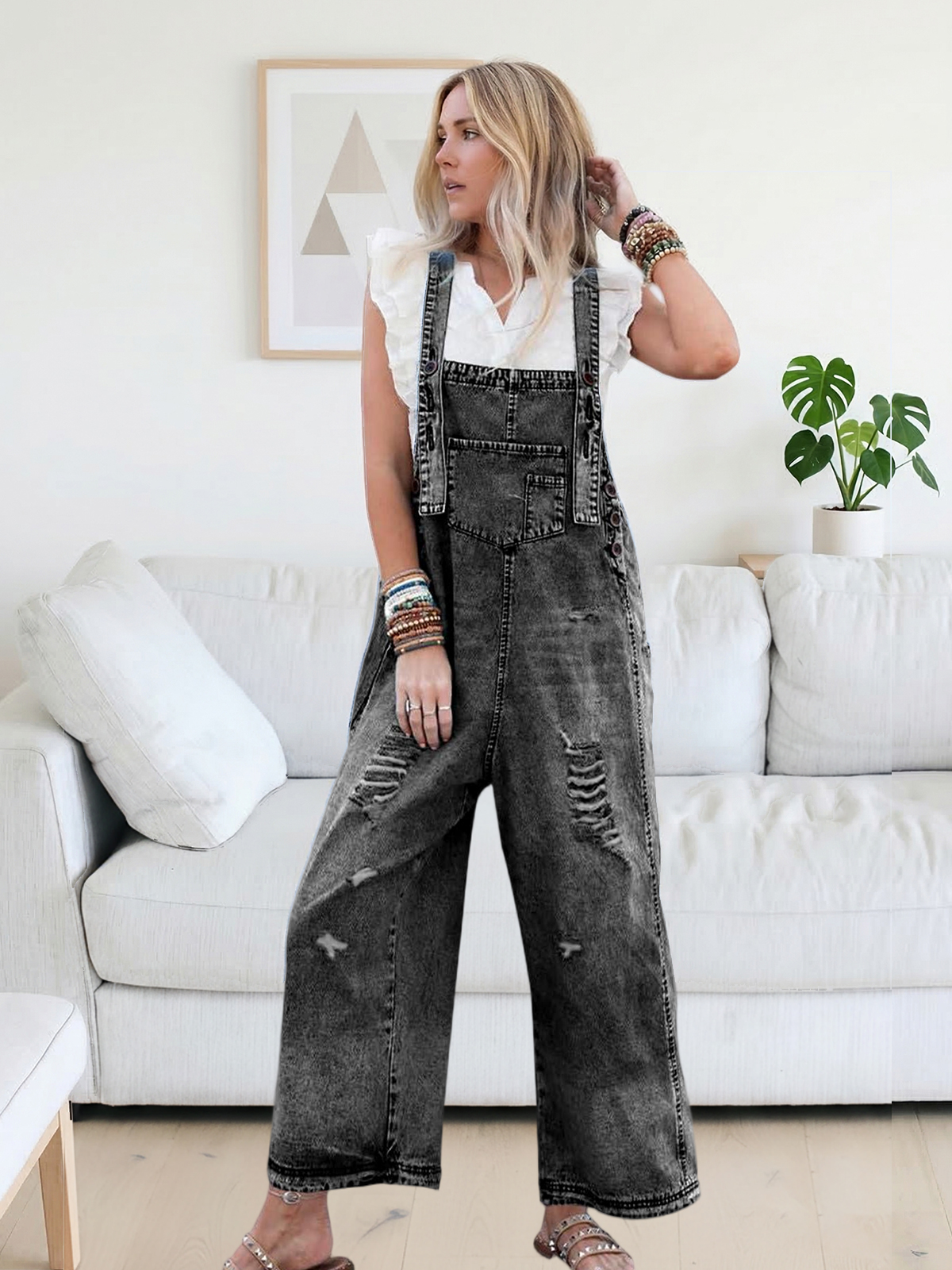 Imily Bela Women's Casual Denim Overalls Loose Adjustable Strap Distressed Bib Jeans Overall Jumpsuits with Pocket