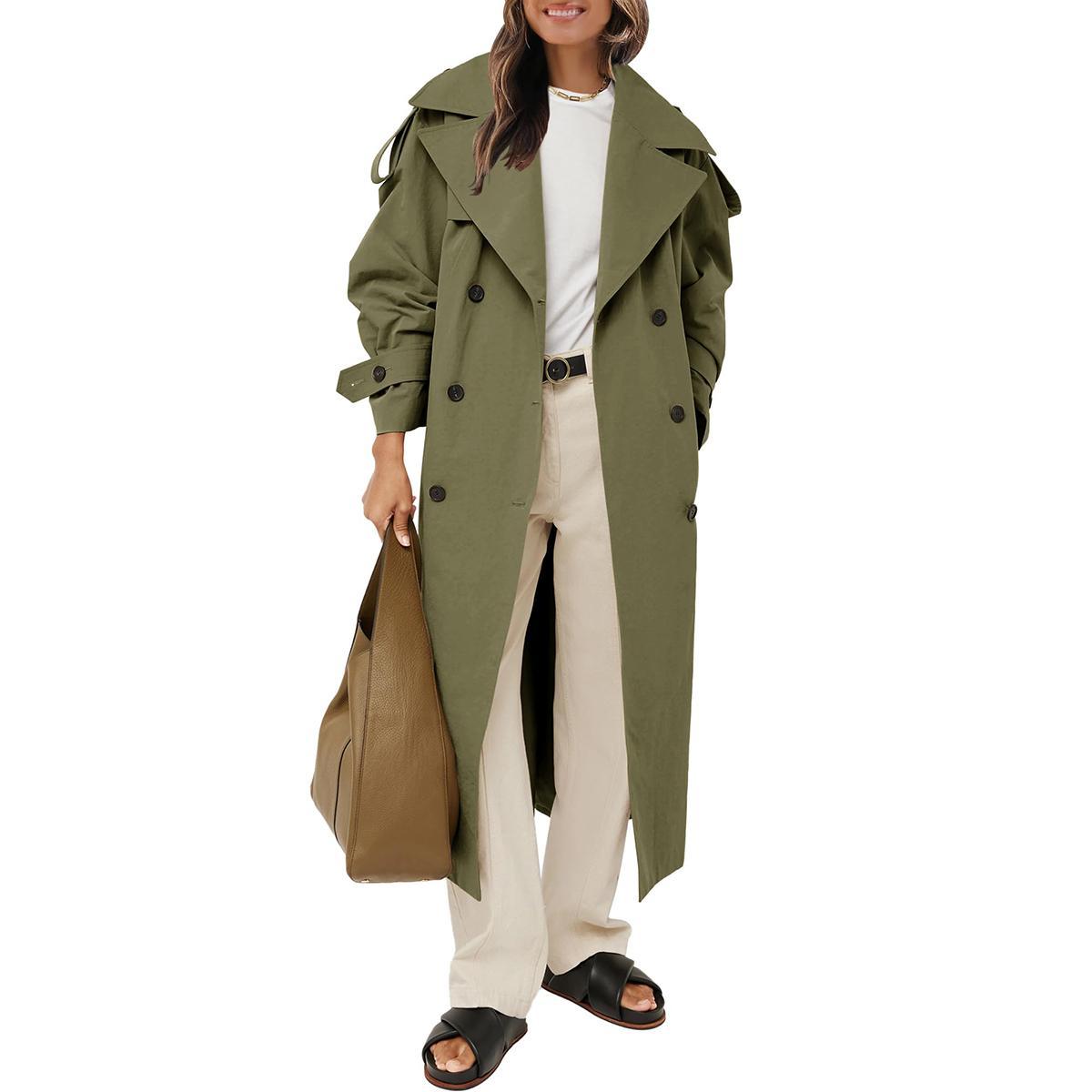 Green Imily Bela Womens Oversized Long Trench Coat Double Breasted Lapel Windproof Overcoat with Belt
