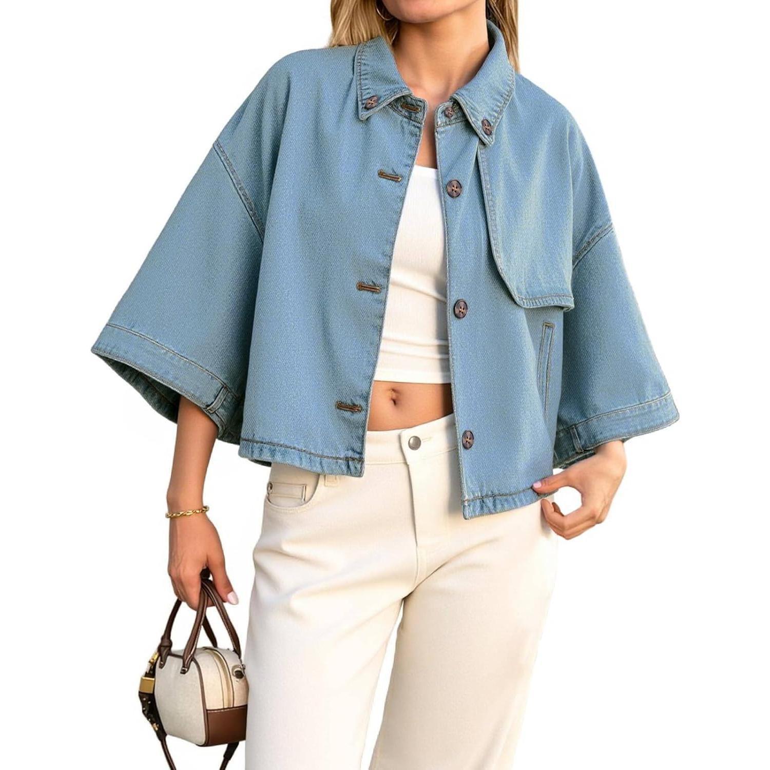 Light Blue Imily Bela Womens Cropped Denim Jackets Casual Button Down Jean Shirt Shacket Loose 3/4 Sleeve Coat with Pockets