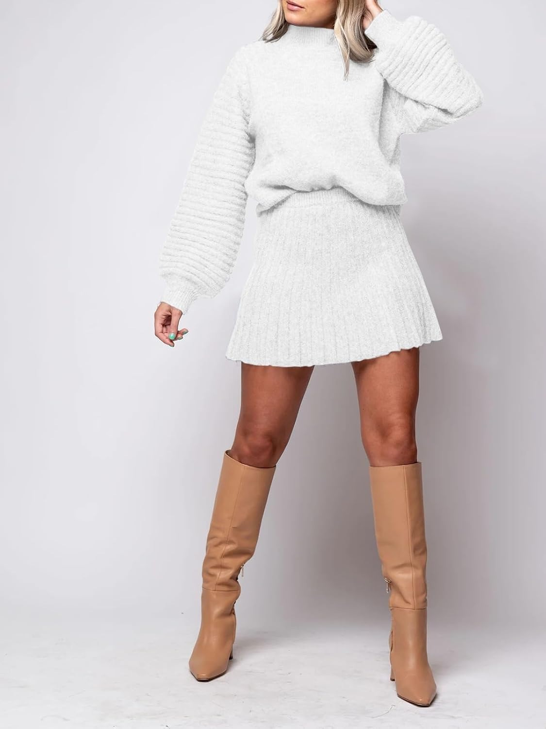 Imily Bela Womens 2 Piece Skirt Sets 2025 Mock Neck Ribbed Sweaters and Mini Skirt Fall Winter Two Piece Outfits