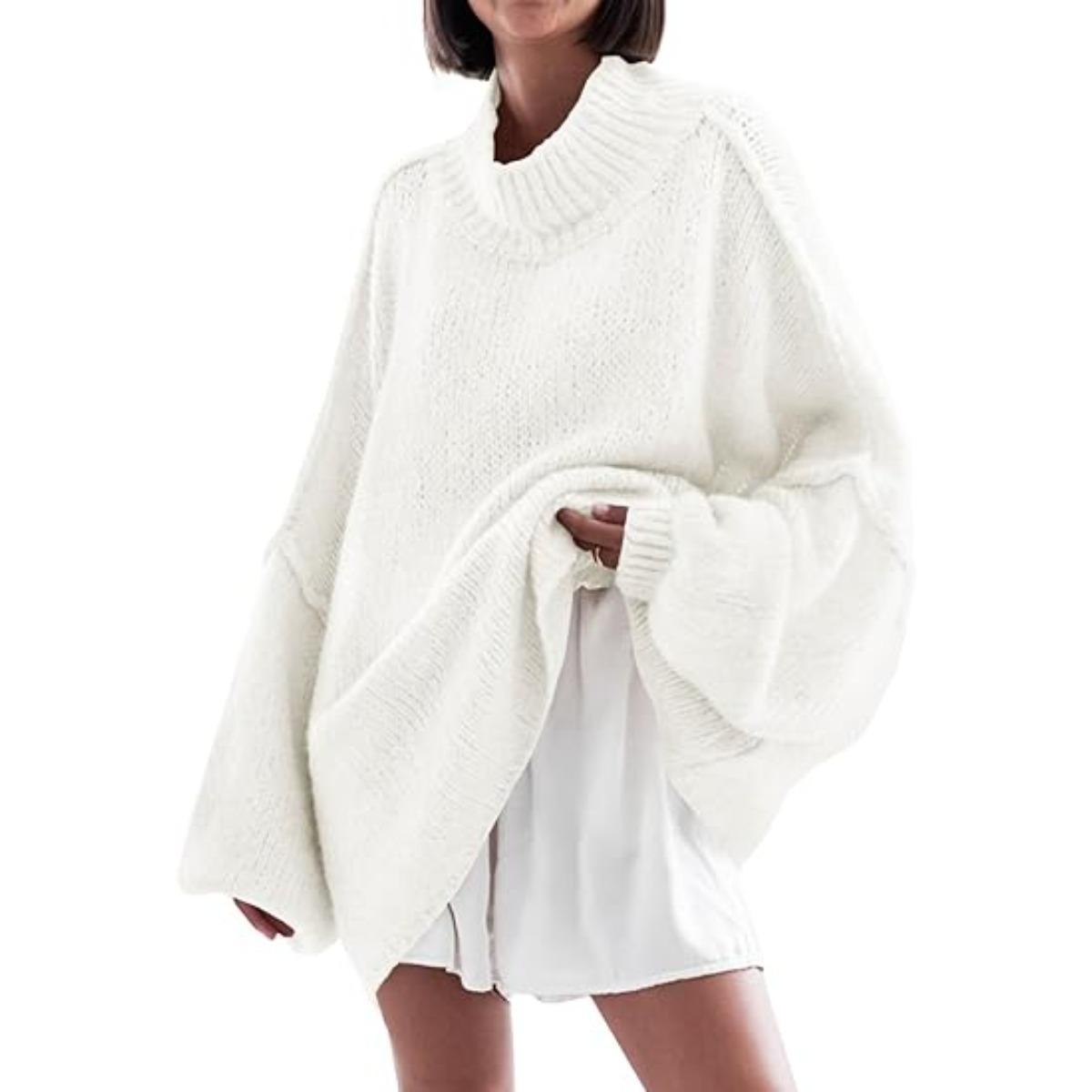 White Imily Bela【Oversized】Womens Sweaters Mock Neck Batwing Long Sleeve Fall Trendy Ribbed Knit Casual Tunic Sweater