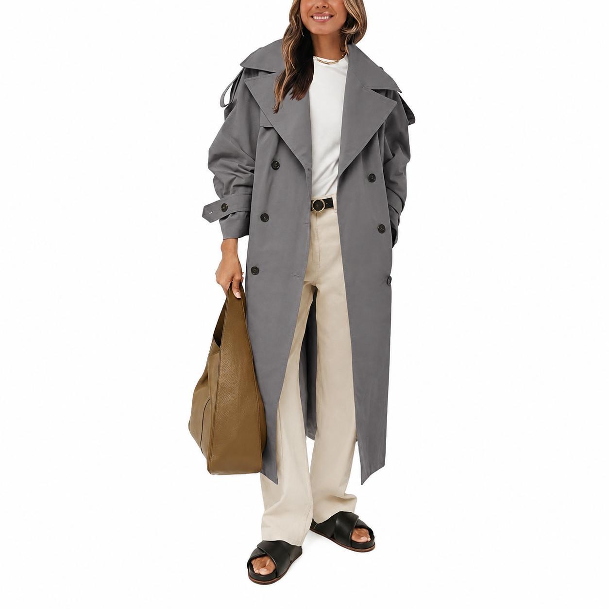 Dark gray Imily Bela Womens Oversized Long Trench Coat Double Breasted Lapel Windproof Overcoat with Belt