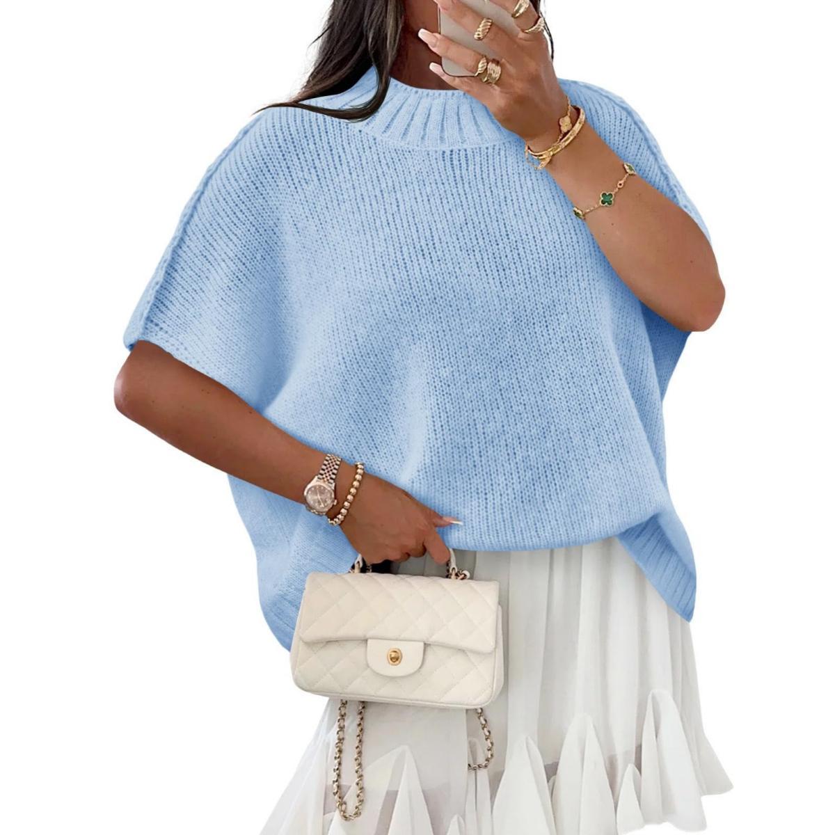 Light Blue Imily Bela Womens Oversized Sweater Tops Summer Lightweight Batwing Half Sleeve Casual Loose Knit Pullover Shirts Clothes Skirts Knitwear