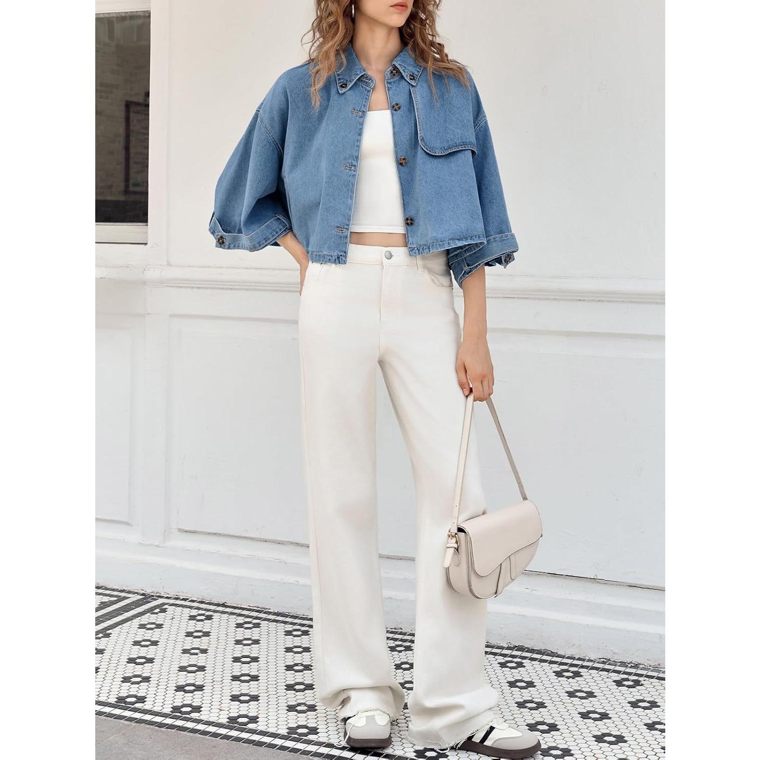 Imily Bela Womens Cropped Denim Jackets Casual Button Down Jean Shirt Shacket Loose 3/4 Sleeve Coat with Pockets