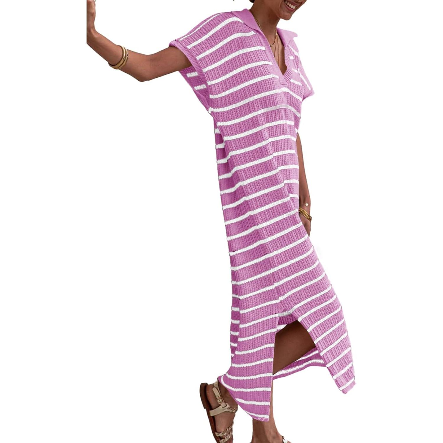 Imily Bela Womens Striped Summer Dresses Short Sleeve V Neck Knit Collared Sexy Slit Loose Maxi Sweater Dress