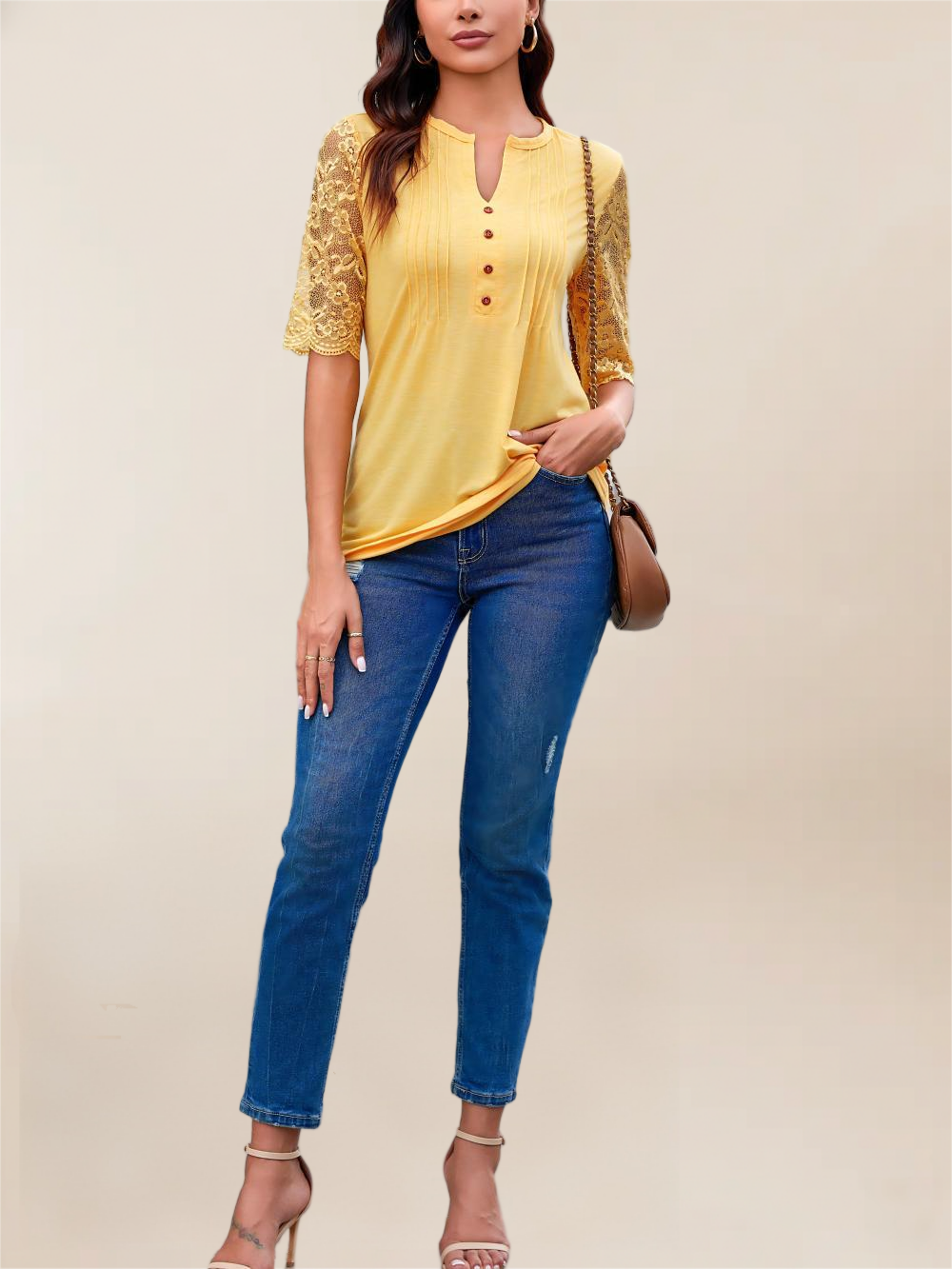 Imily Bela Womens Summer Tops Pleated Button Down Short Sleeve T-Shirt V-Neck Casual Lace Blouse