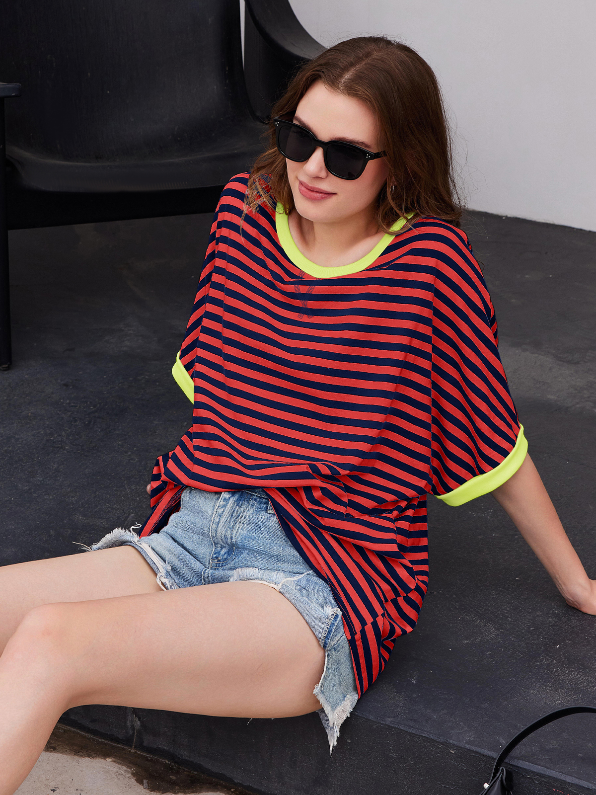Imily Bela Womens Oversized Striped Tee Shirt Summer Casual Color Block Half Sleeve Crew Neck Tunic Tops