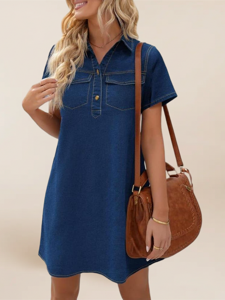 Imily Bela Women'S Short Sleeve Denim Dress Button Down Collared Loose Fit Summer Casual Jean Shirt Mini Dresses