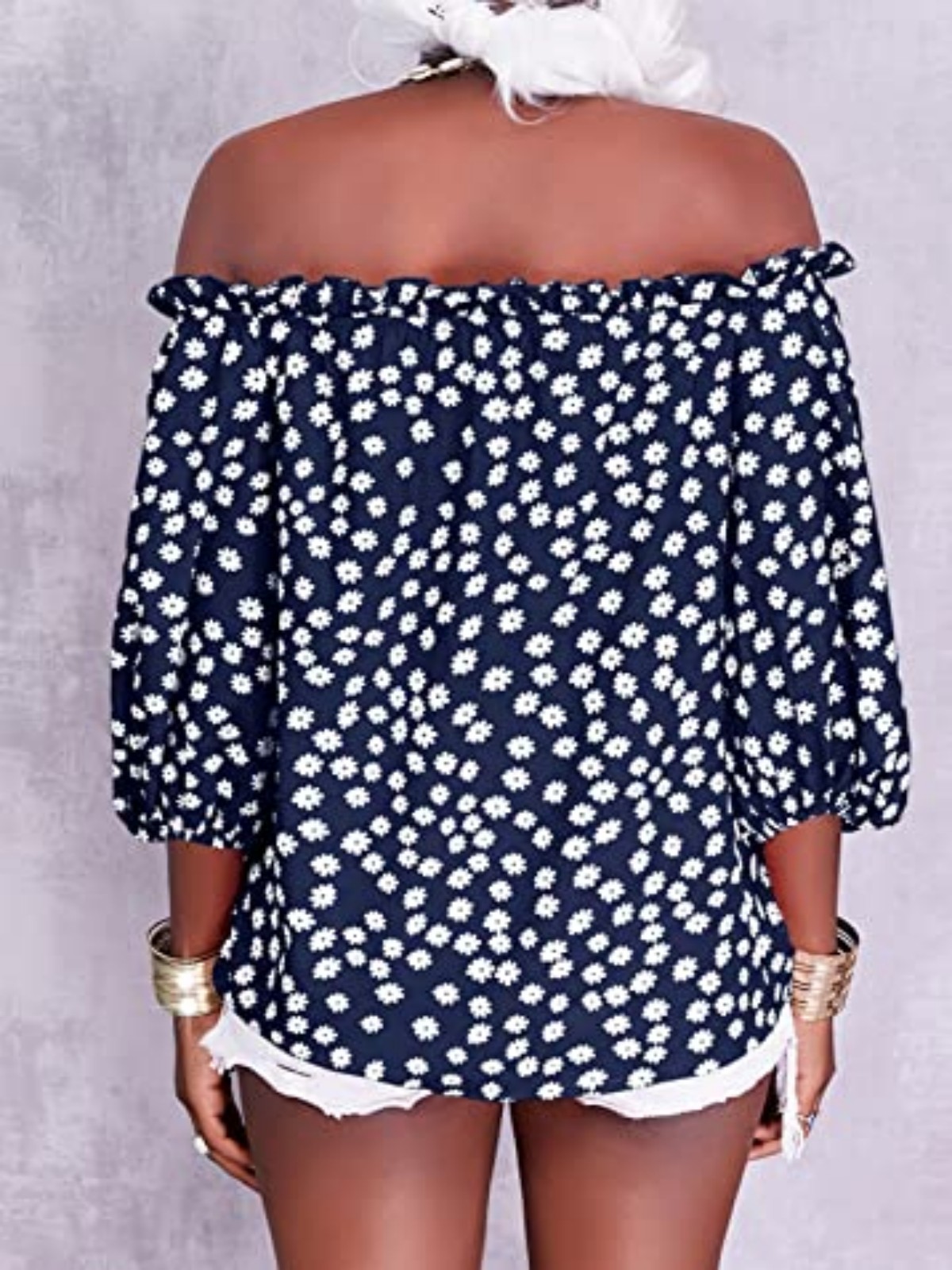 Imily Bela Womens Summer Off Shoulder Blouse Floral Print 3/4 Sleeve Casual Chiffon Tops Shirts
