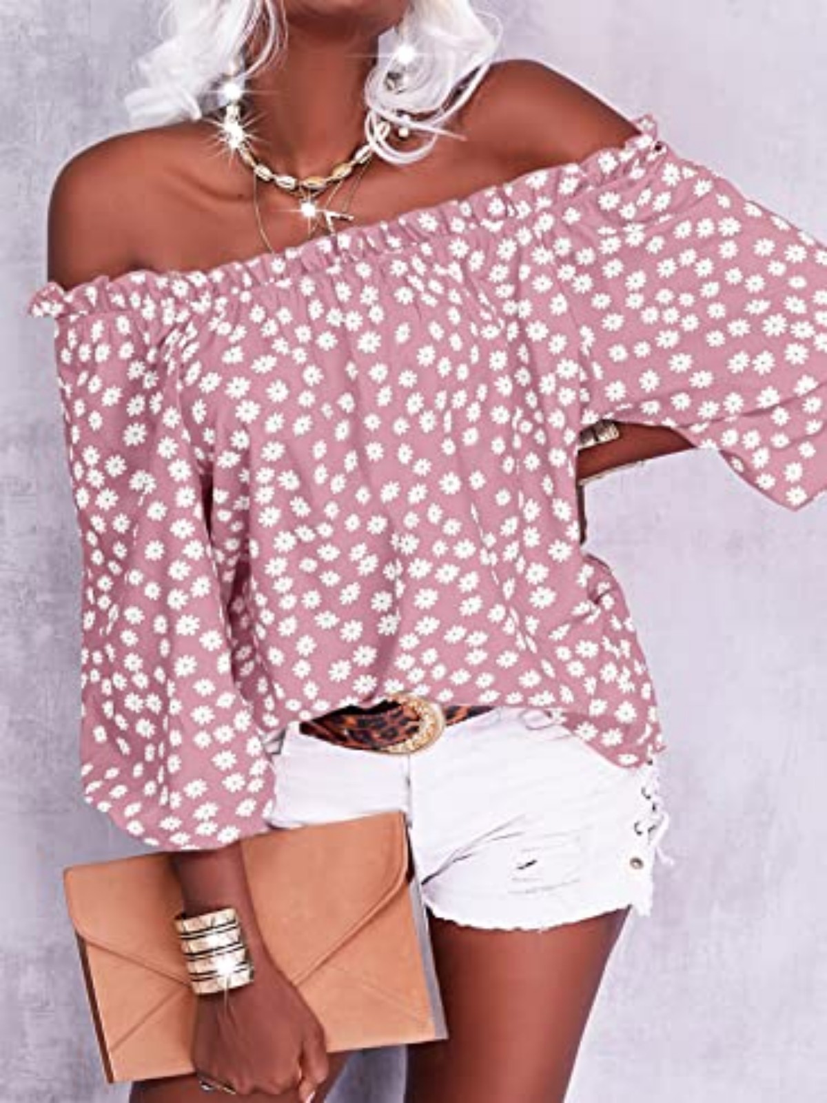 Imily Bela Womens Summer Off Shoulder Blouse Floral Print 3/4 Sleeve Casual Chiffon Tops Shirts