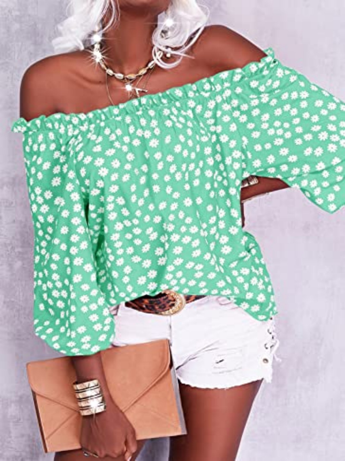 Imily Bela Womens Summer Off Shoulder Blouse Floral Print 3/4 Sleeve Casual Chiffon Tops Shirts