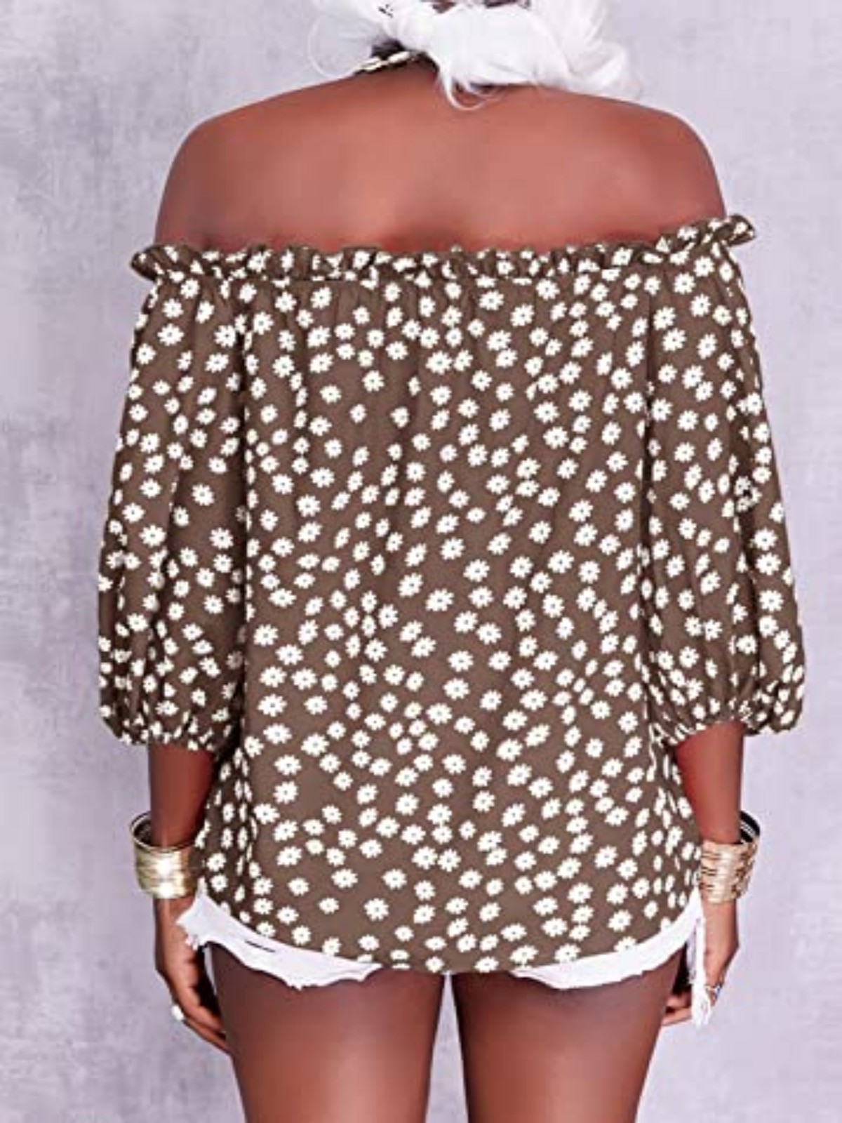 Imily Bela Womens Summer Off Shoulder Blouse Floral Print 3/4 Sleeve Casual Chiffon Tops Shirts