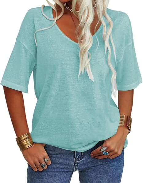 Imily Bela Women Fashion V-Neck Half Sleeves Oversized T Shirt Solid Casual Loose Basic Tops