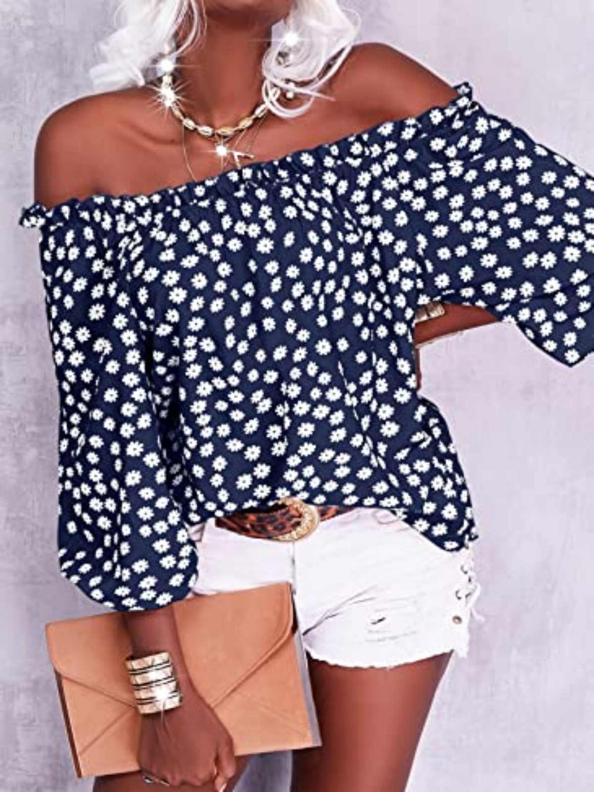 Imily Bela Womens Summer Off Shoulder Blouse Floral Print 3/4 Sleeve Casual Chiffon Tops Shirts