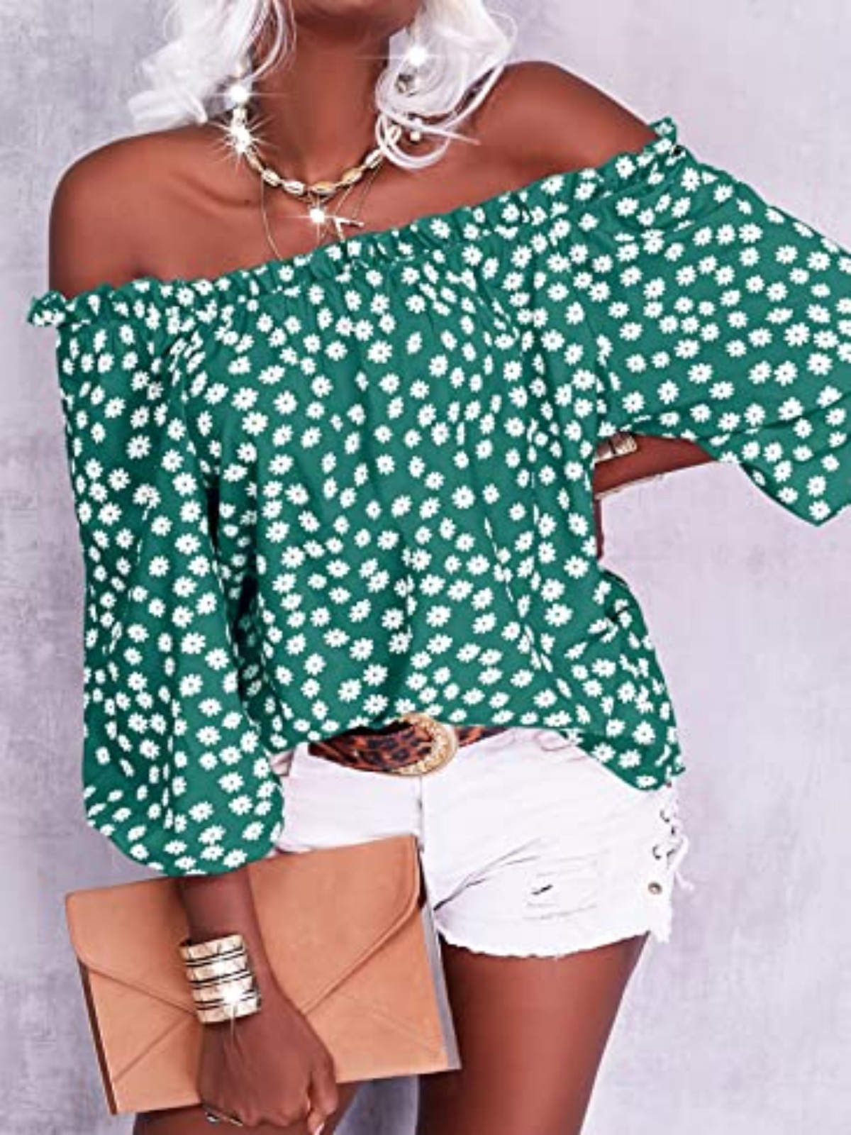 Imily Bela Womens Summer Off Shoulder Blouse Floral Print 3/4 Sleeve Casual Chiffon Tops Shirts