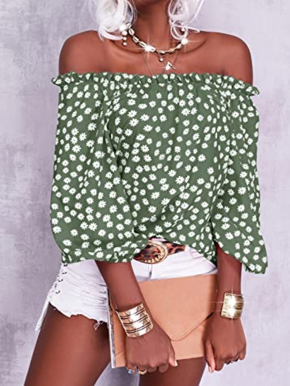 Imily Bela Womens Summer Off Shoulder Blouse Floral Print 3/4 Sleeve Casual Chiffon Tops Shirts