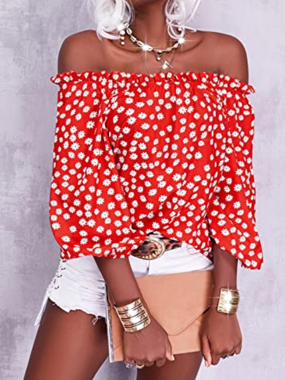 Imily Bela Womens Summer Off Shoulder Blouse Floral Print 3/4 Sleeve Casual Chiffon Tops Shirts