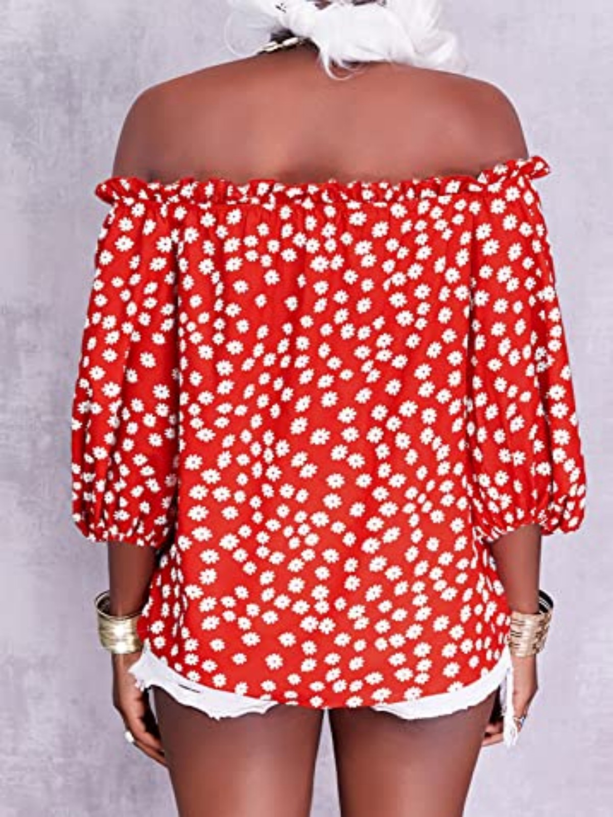 Imily Bela Womens Summer Off Shoulder Blouse Floral Print 3/4 Sleeve Casual Chiffon Tops Shirts