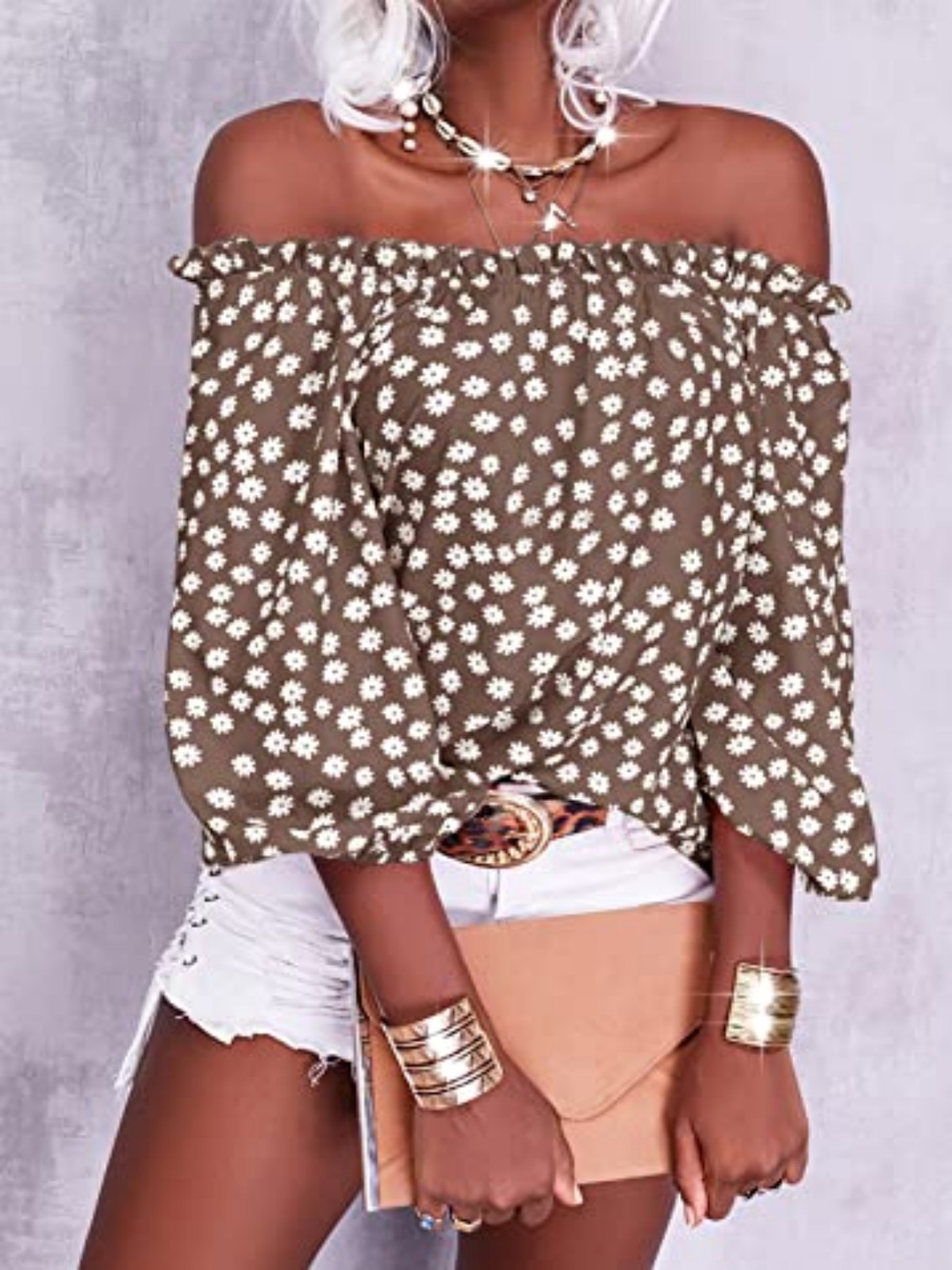 Imily Bela Womens Summer Off Shoulder Blouse Floral Print 3/4 Sleeve Casual Chiffon Tops Shirts