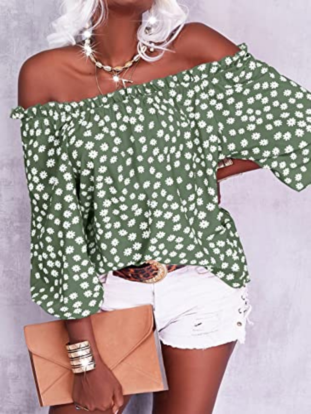 Imily Bela Womens Summer Off Shoulder Blouse Floral Print 3/4 Sleeve Casual Chiffon Tops Shirts