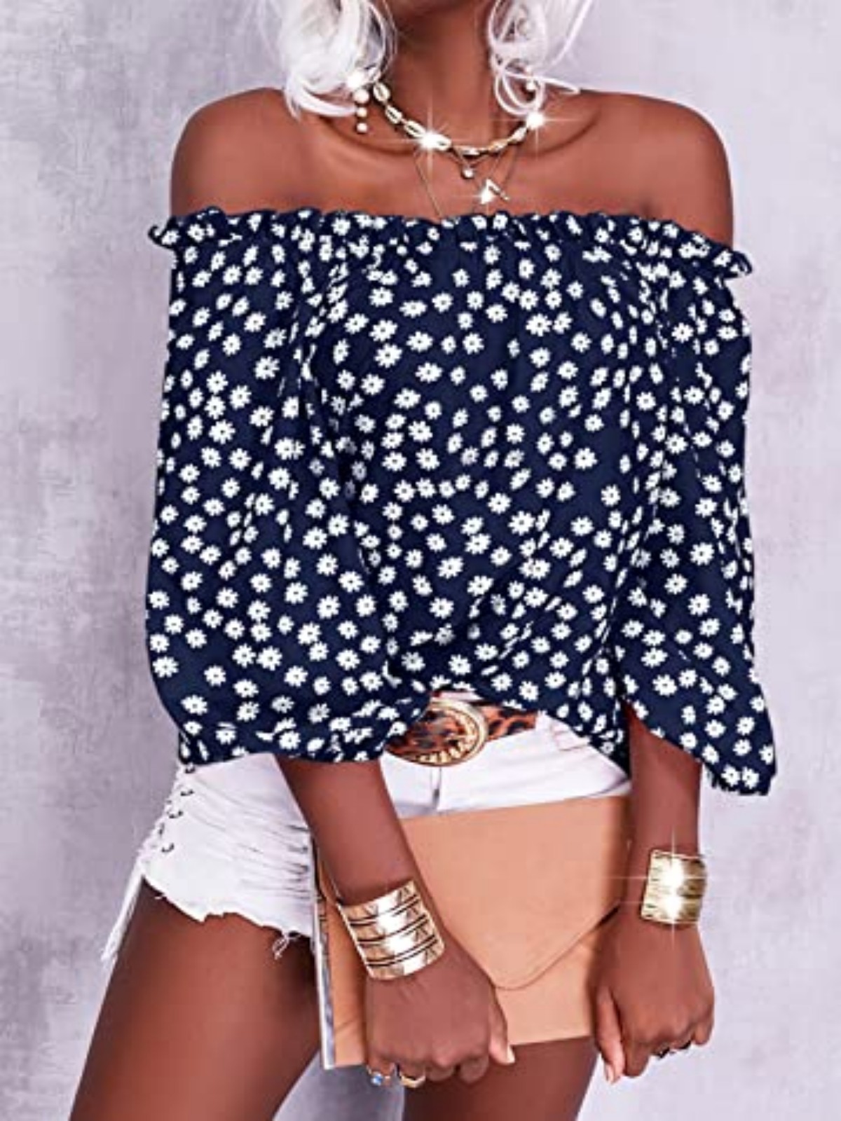 Imily Bela Womens Summer Off Shoulder Blouse Floral Print 3/4 Sleeve Casual Chiffon Tops Shirts