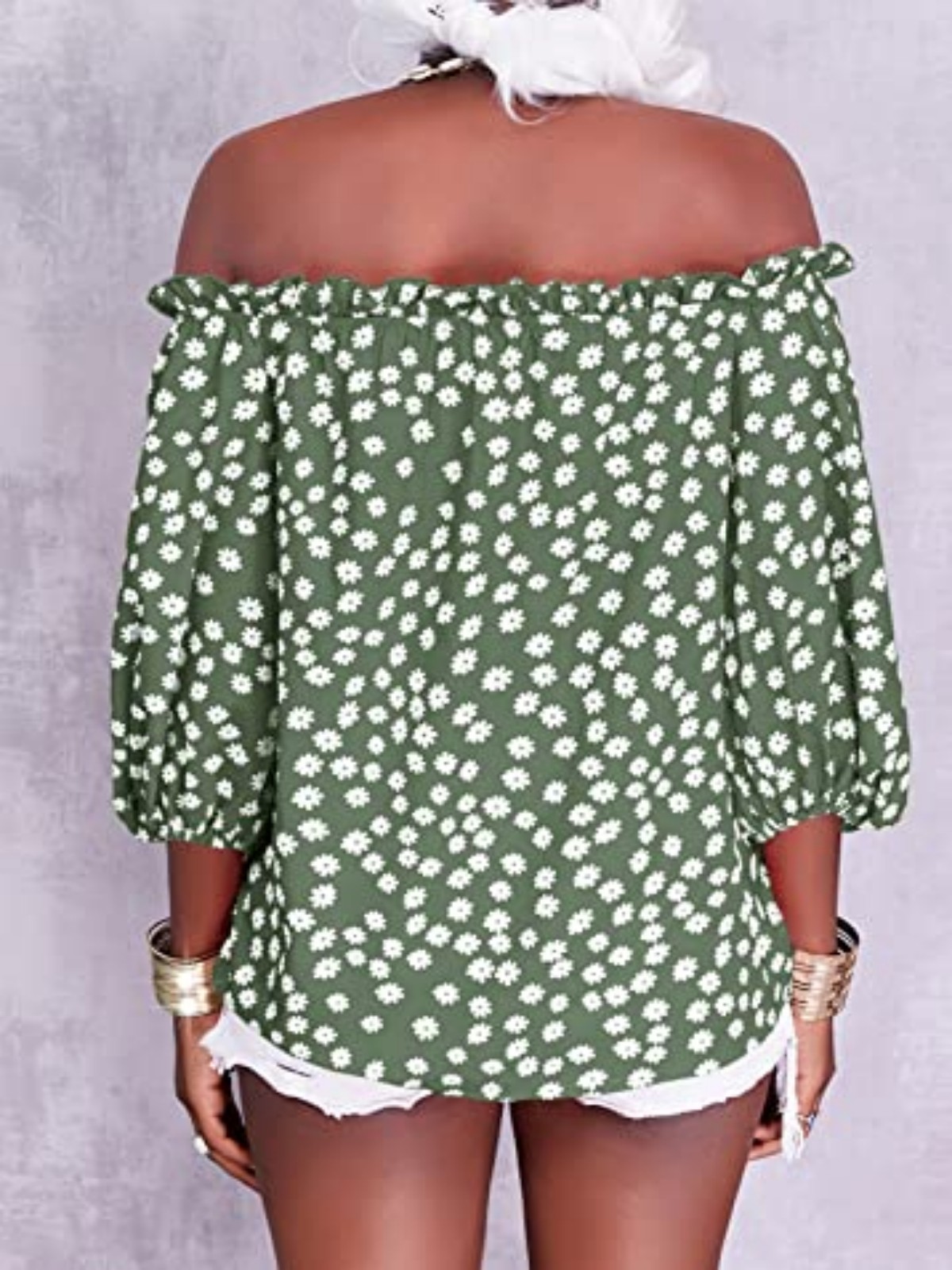 Imily Bela Womens Summer Off Shoulder Blouse Floral Print 3/4 Sleeve Casual Chiffon Tops Shirts