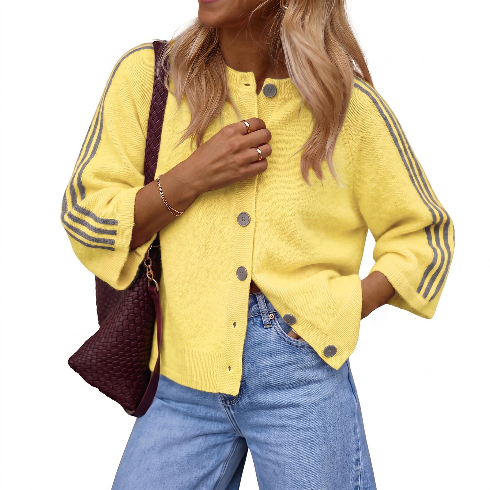 Imily Bela Women Striped 3/4 Sleeve Knit Cardigan Casual Crew Neck Button Down Cropped Sweater Jacket Y2K Fall Outfits Striped Knitted Cardigan Knitting Cardigan
