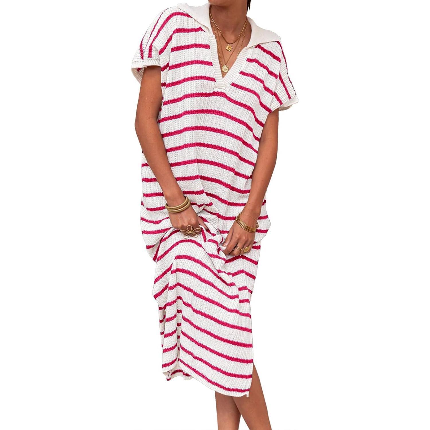 Rose Red Imily Bela Womens Striped Summer Dresses Short Sleeve V Neck Knit Collared Sexy Slit Loose Maxi Sweater Dress