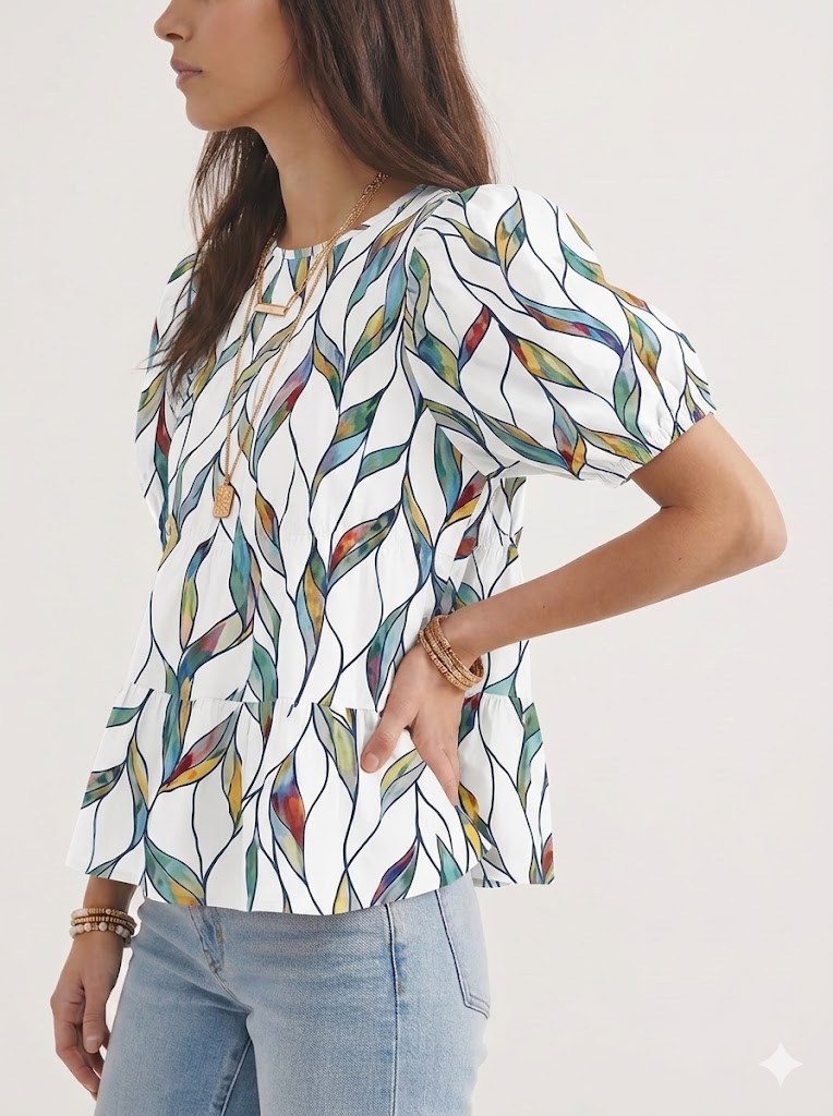 Womens Puff Sleeve Peplum Babydoll Tops Summer Flowy Pleated Cotton T-Shirts Casual Loose Fit Cute Blouse