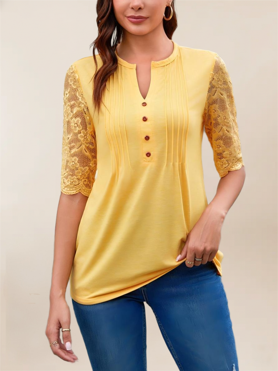 Imily Bela Womens Summer Tops Pleated Button Down Short Sleeve T-Shirt V-Neck Casual Lace Blouse