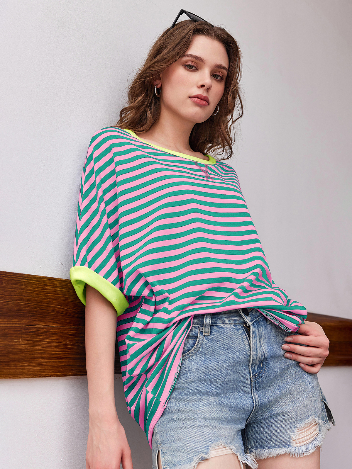 Imily Bela Womens Oversized Striped Tee Shirt Summer Casual Color Block Half Sleeve Crew Neck Tunic Tops
