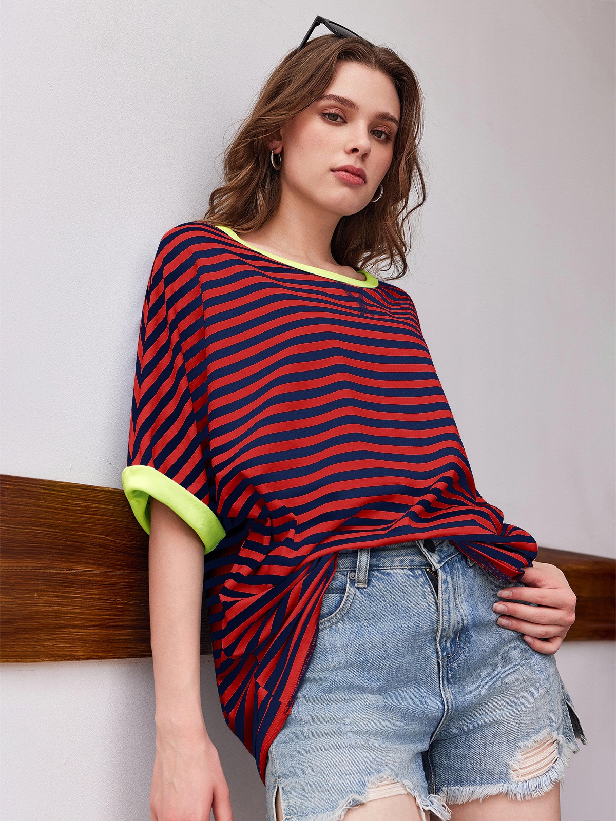 Imily Bela Womens Oversized Striped Tee Shirt Summer Casual Color Block Half Sleeve Crew Neck Tunic Tops