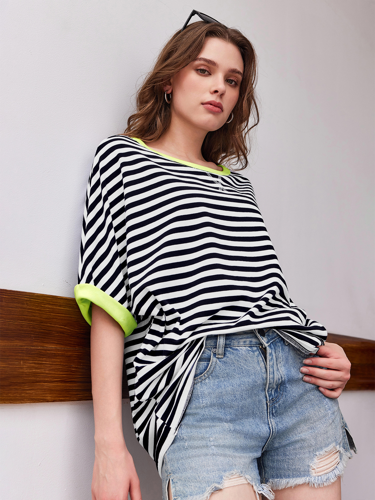 Imily Bela Womens Oversized Striped Tee Shirt Summer Casual Color Block Half Sleeve Crew Neck Tunic Tops