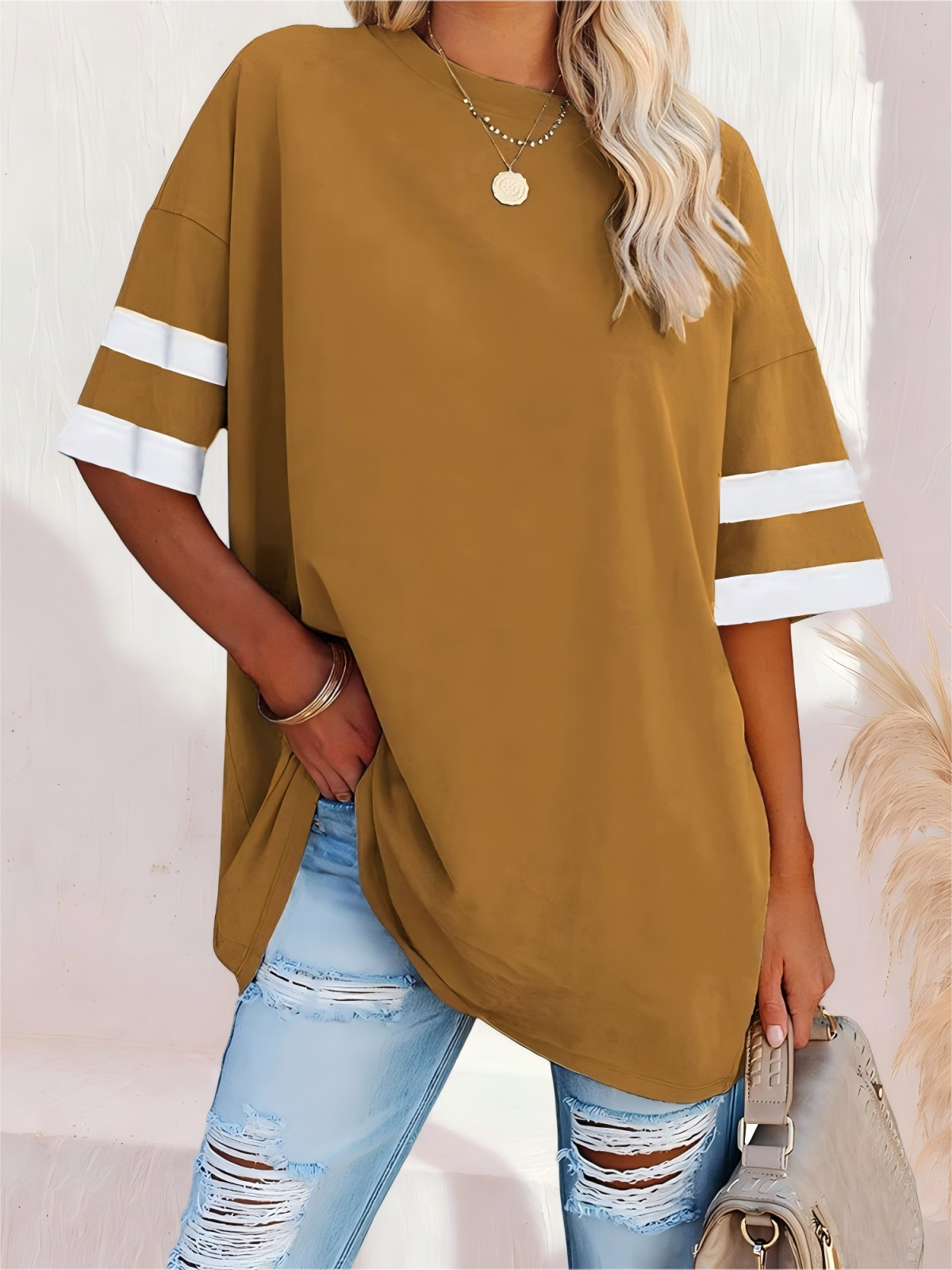 Imily Bela Womens Oversized Tees Loose T Shirts Half Sleeve Crew Neck Color Block Cotton Tunic Tops