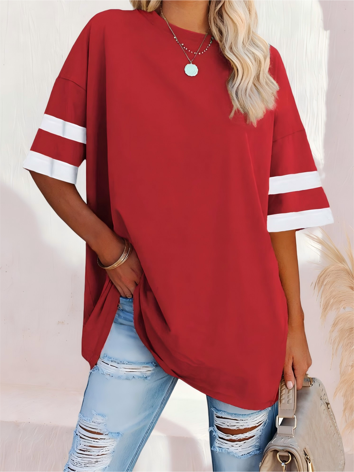 Imily Bela Womens Oversized Tees Loose T Shirts Half Sleeve Crew Neck Color Block Cotton Tunic Tops