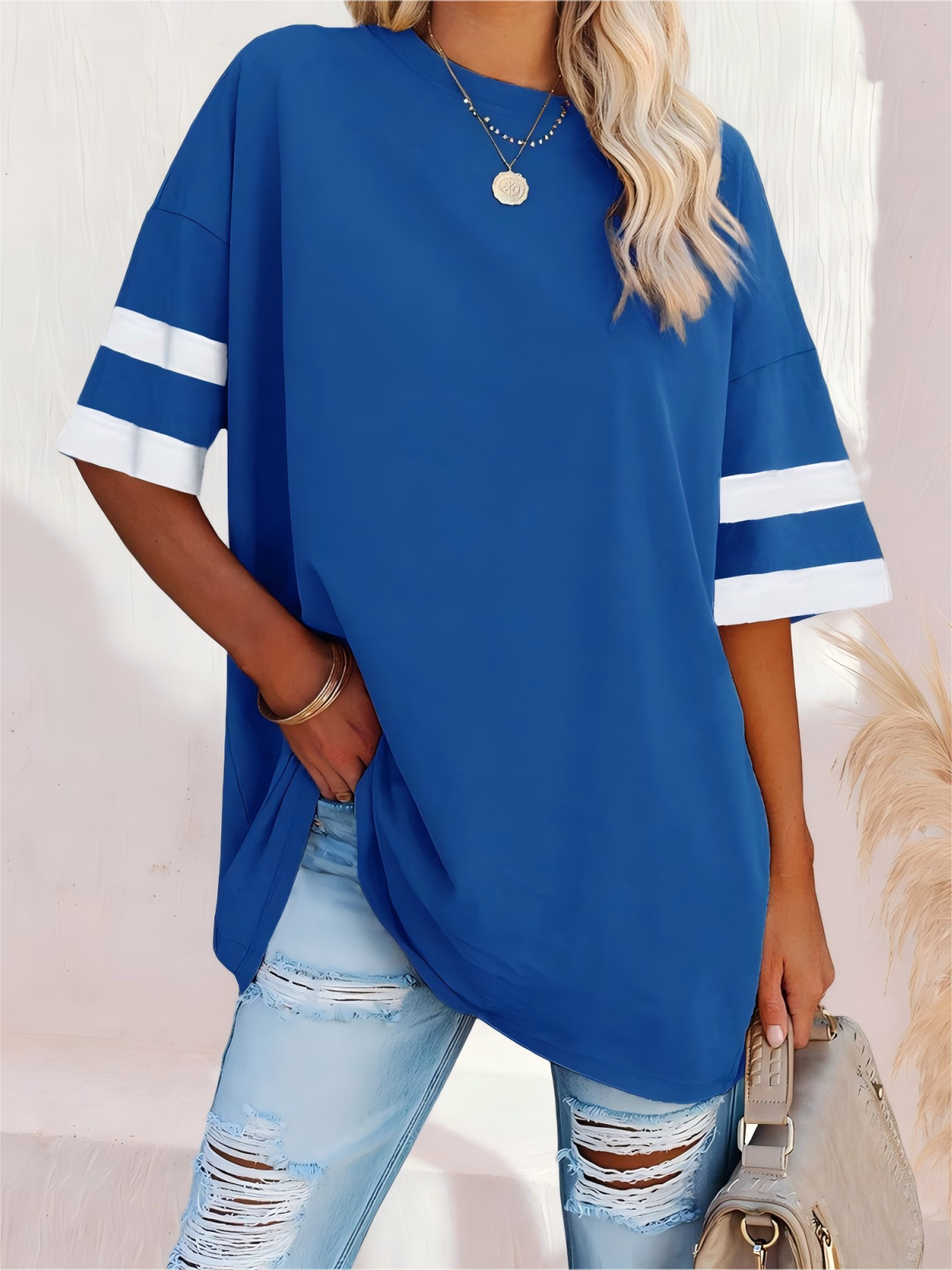 Imily Bela Womens Oversized Tees Loose T Shirts Half Sleeve Crew Neck Color Block Cotton Tunic Tops