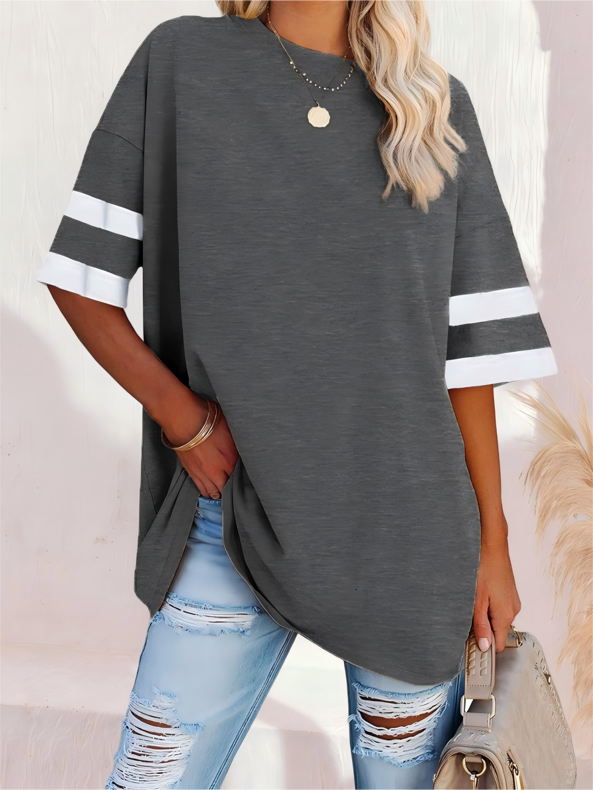 Imily Bela Womens Oversized Tees Loose T Shirts Half Sleeve Crew Neck Color Block Cotton Tunic Tops