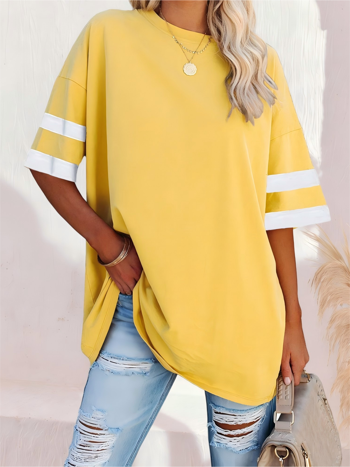 Imily Bela Womens Oversized Tees Loose T Shirts Half Sleeve Crew Neck Color Block Cotton Tunic Tops