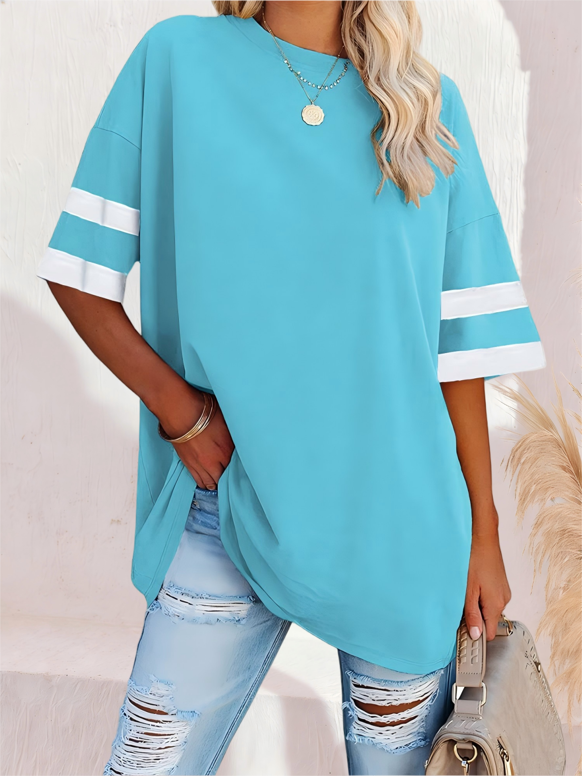 Imily Bela Womens Oversized Tees Loose T Shirts Half Sleeve Crew Neck Color Block Cotton Tunic Tops