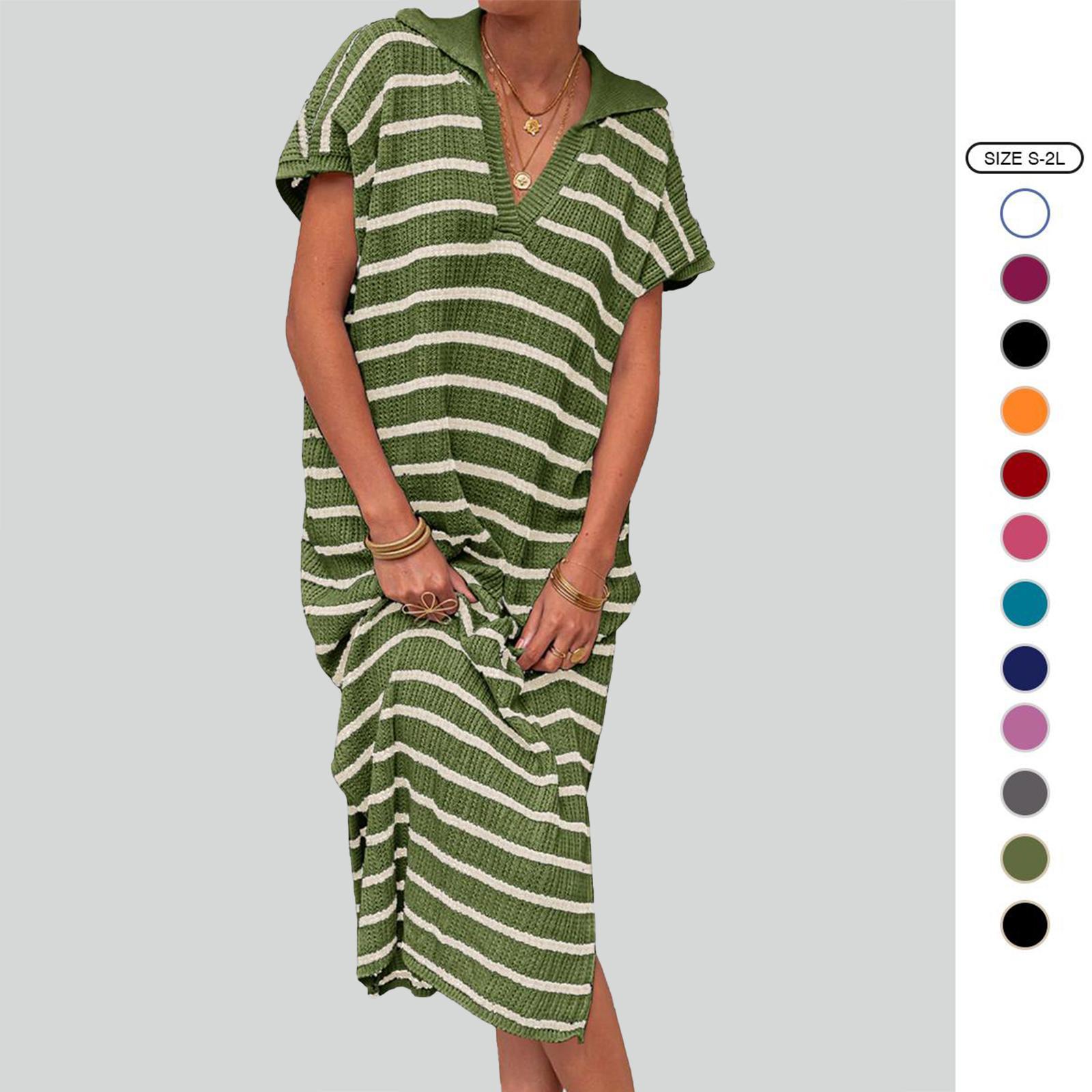 Imily Bela Womens Striped Summer Dresses Short Sleeve V Neck Knit Collared Sexy Slit Loose Maxi Sweater Dress