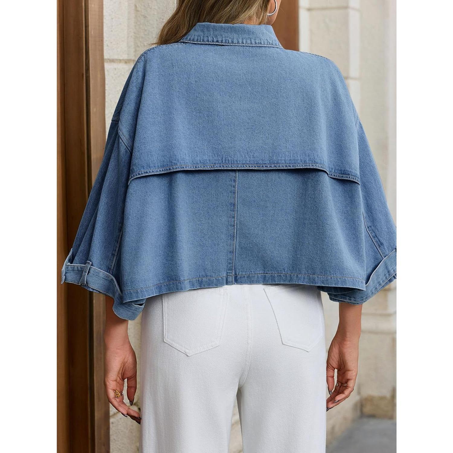 Imily Bela Womens Cropped Denim Jackets Casual Button Down Jean Shirt Shacket Loose 3/4 Sleeve Coat with Pockets