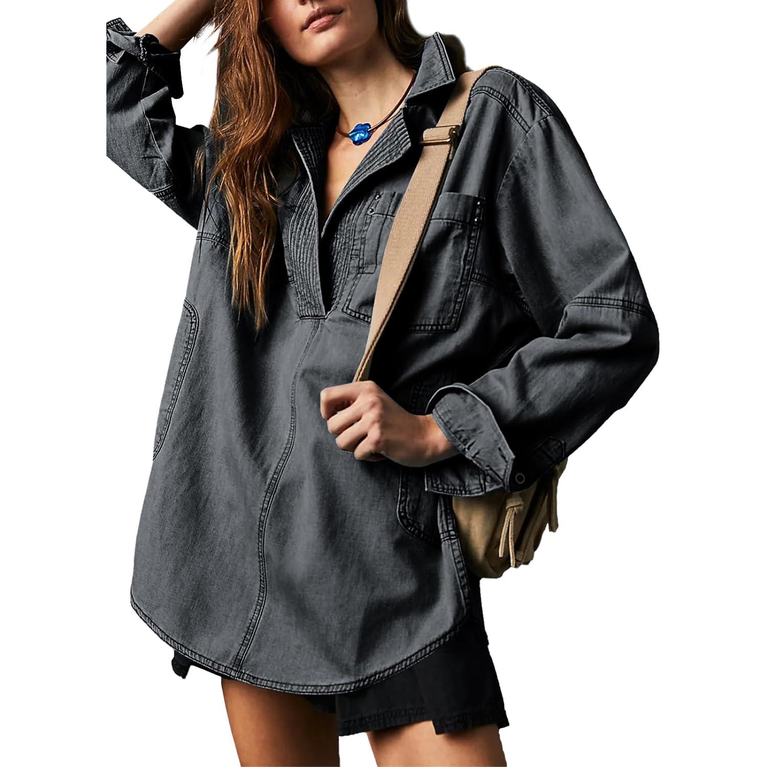Imily Bela S~2XL Womenswear FallFreshness Denim Pullover Casual Comfort Button V Neck Blouse Loose Fit Tops Longsleeves Jean Jacket With Pocket