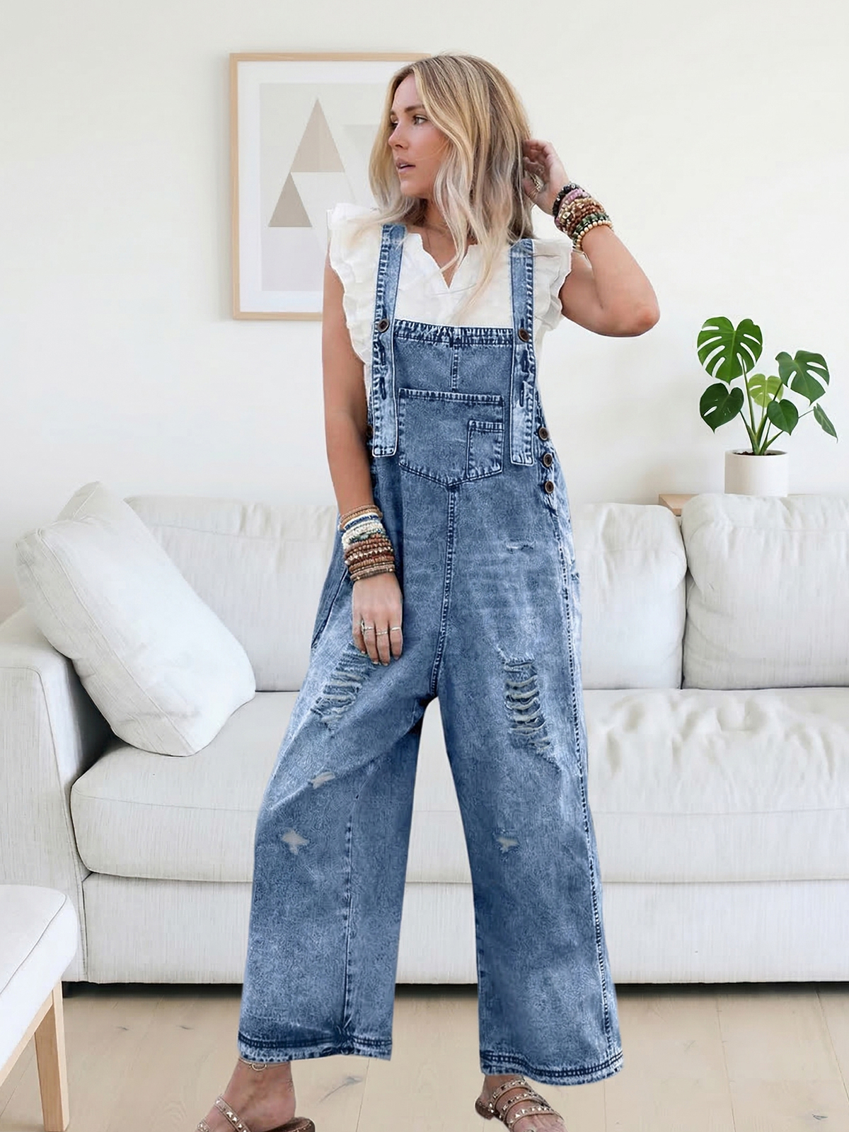 Imily Bela Women's Casual Denim Overalls Loose Adjustable Strap Distressed Bib Jeans Overall Jumpsuits with Pocket