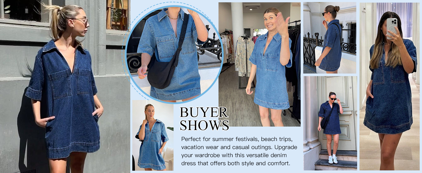 Imily Bela Womens Denim Shirt Dress Summer Collared V Neck Mini Casual Jean Dresses with Pockets