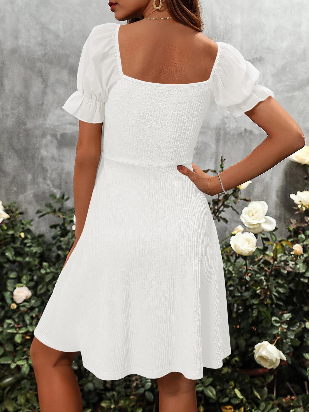 Imily Bela Womens Summer Short Puff Sleeve Mini Dresses Drawstring Sweetheart Neck Casual Slim Flowy Dress Sundress