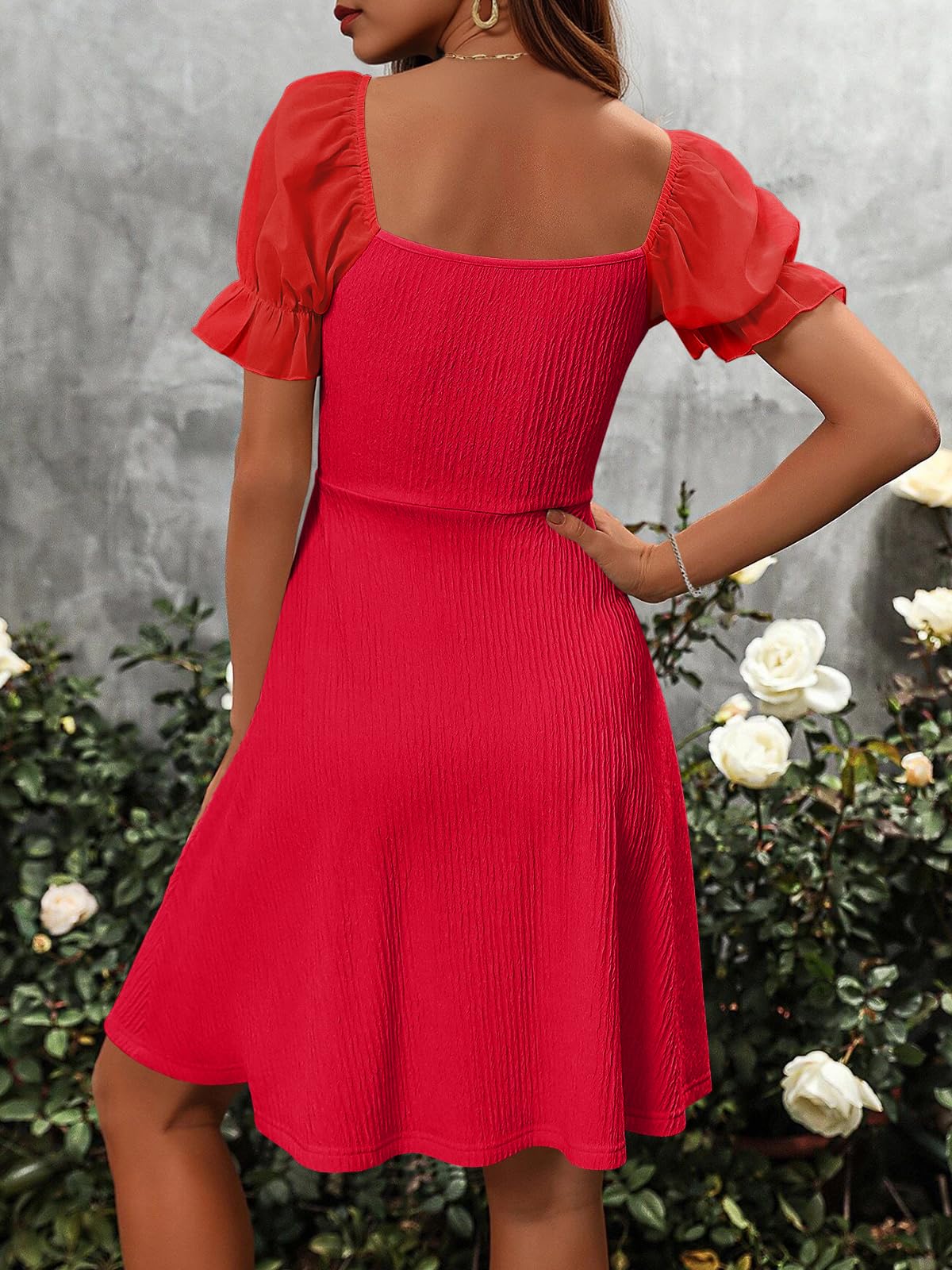 Imily Bela Womens Summer Short Puff Sleeve Mini Dresses Drawstring Sweetheart Neck Casual Slim Flowy Dress Sundress