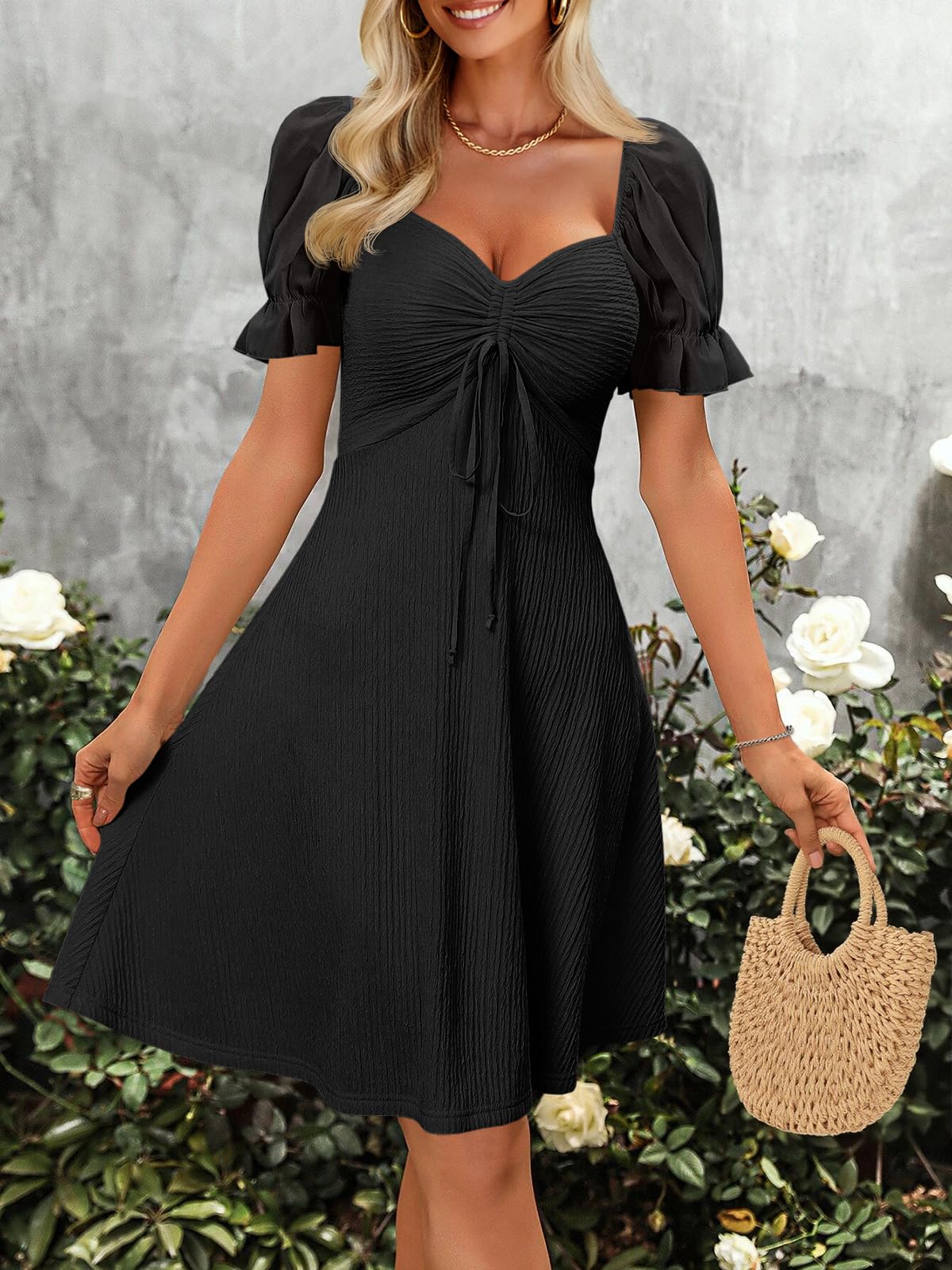 Imily Bela Womens Summer Short Puff Sleeve Mini Dresses Drawstring Sweetheart Neck Casual Slim Flowy Dress Sundress