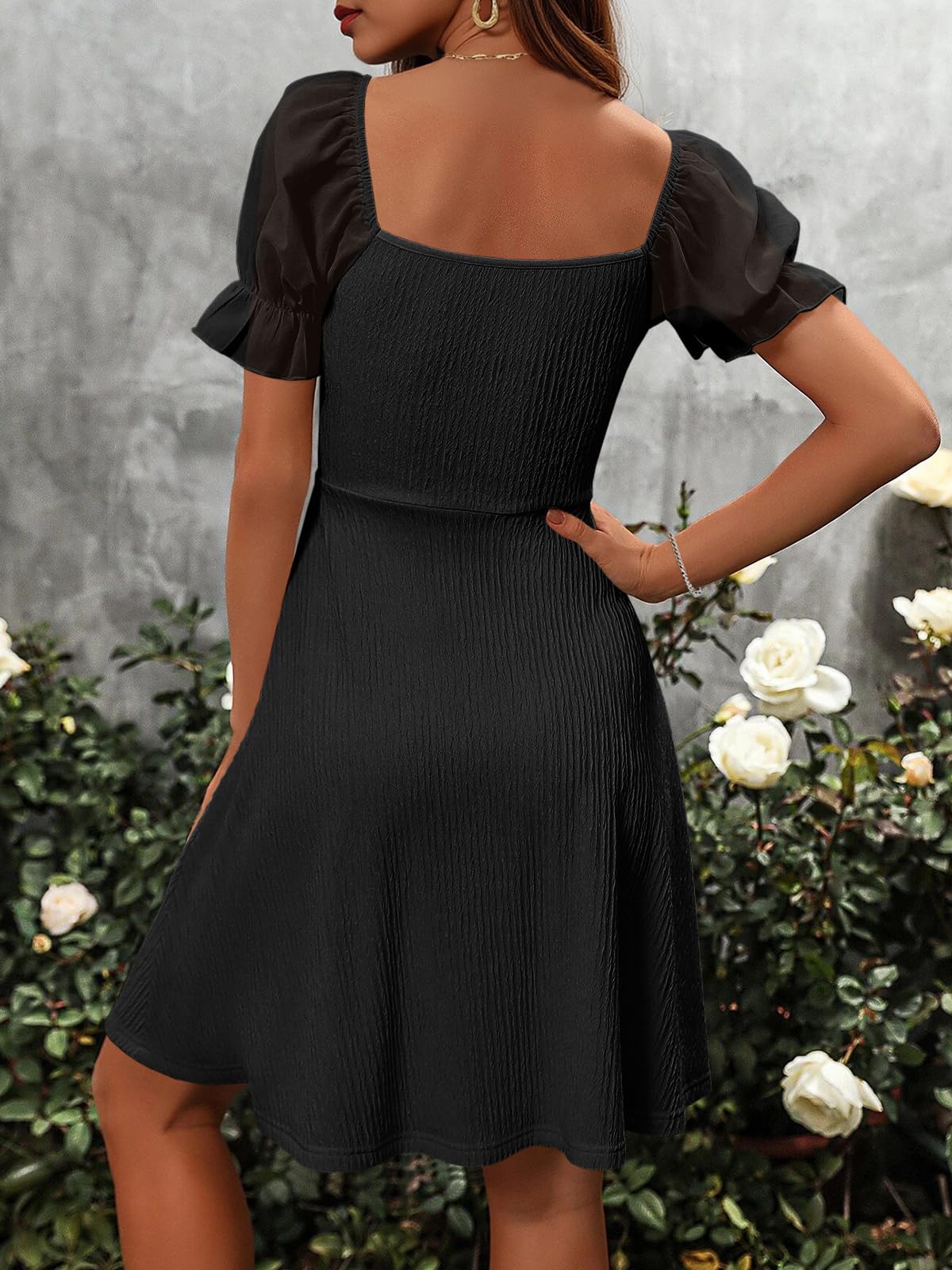 Imily Bela Womens Summer Short Puff Sleeve Mini Dresses Drawstring Sweetheart Neck Casual Slim Flowy Dress Sundress