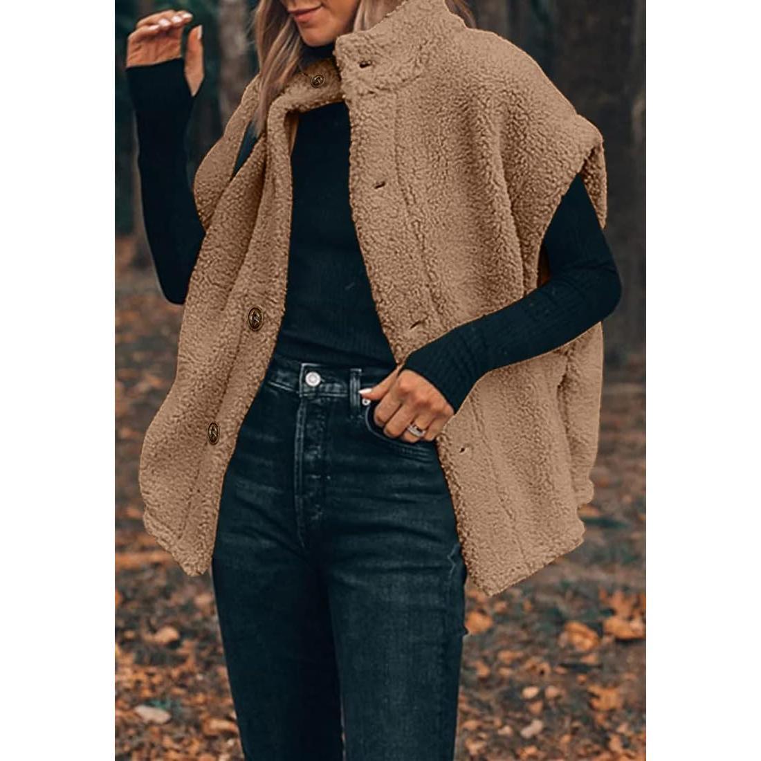 Imily Bela Womens Fuzzy Fleece Vest Casual Oversized Warm Button Down Sherpa Vest Jacket with Pockets