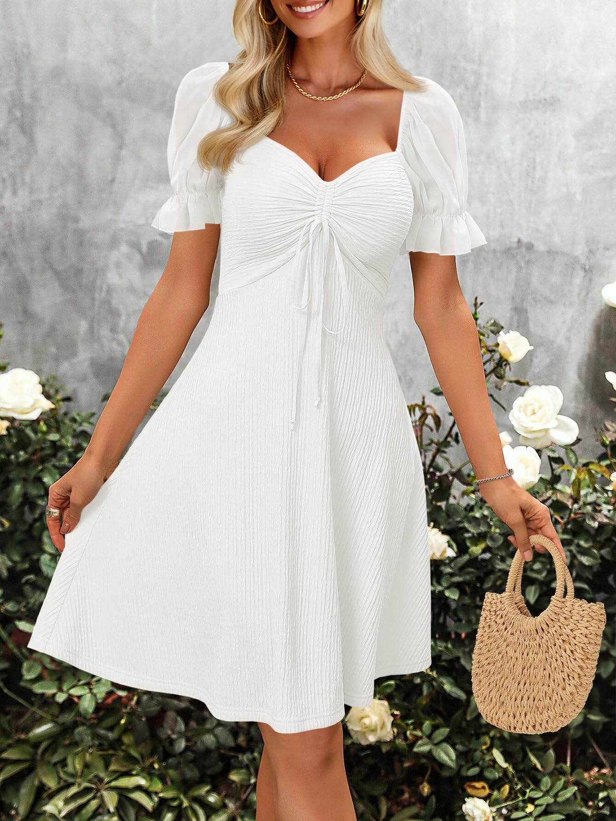 Imily Bela Womens Summer Short Puff Sleeve Mini Dresses Drawstring Sweetheart Neck Casual Slim Flowy Dress Sundress